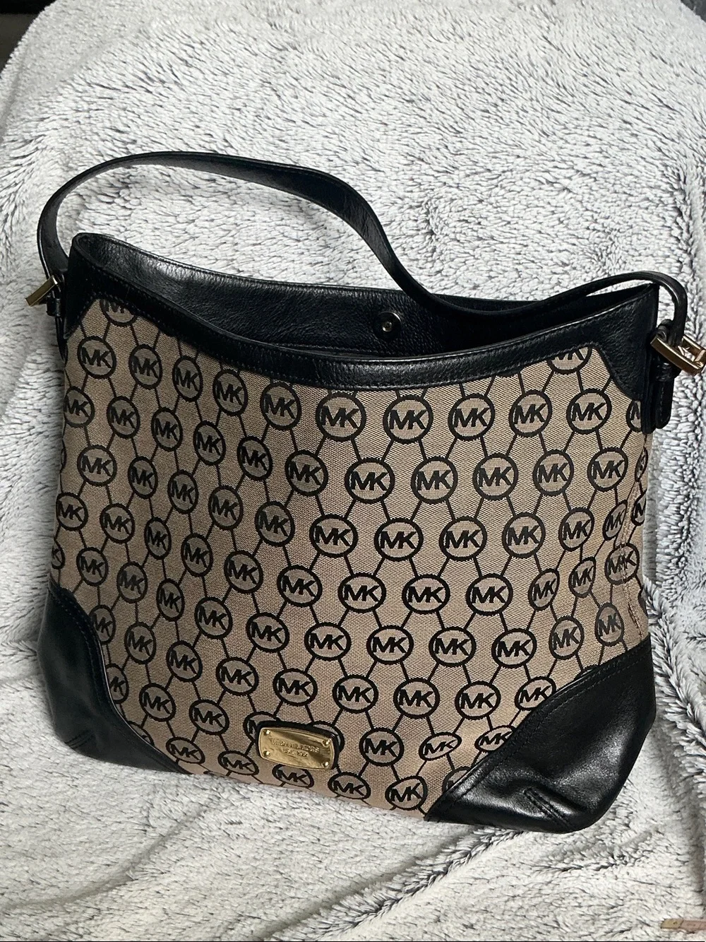 Michael Kors Brown Logo Canvas Shoulder Bag with Black Leather Trim~